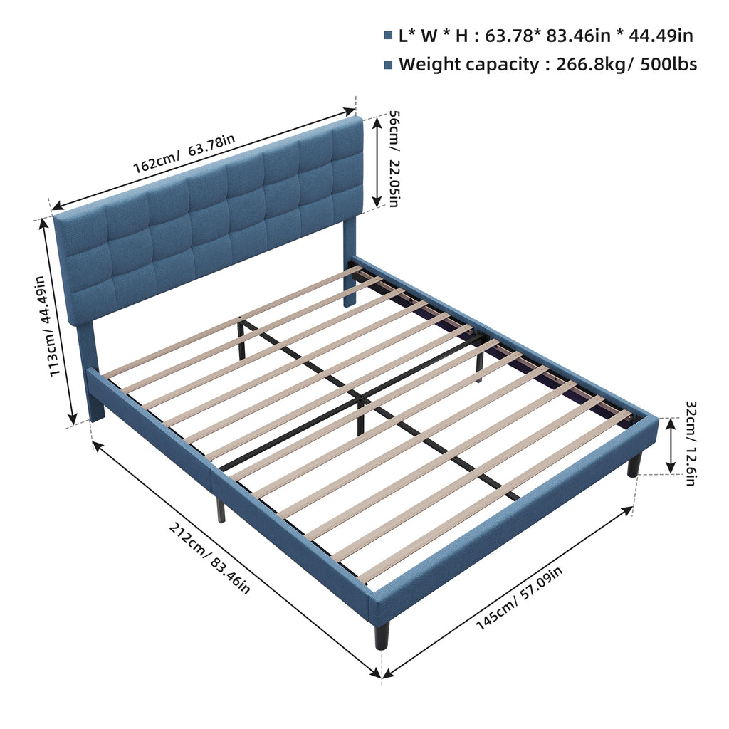 Queen Size Upholstered Platform Bed Linen Bed Frame with Lights Square Stitched Adjustable Headboard Strong Bed Slats System No Box Spring Needed Blue