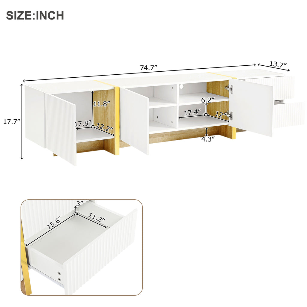 Leoglint ON-TREND Luxury Fluted TV Stand for TVs Up to 80'', Modern Entertainment Center with Storage Cabinets & Drawers, Smooth Media Console with Golden Wood Grain Legs for Living Room, White