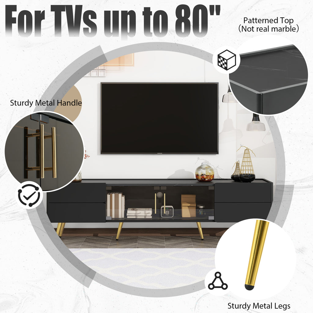 Leoglint U-Can Modern TV Stand with LED lights for TVs up to 80 Inches, Entertainment Center with 4 Drawers and 1 Cabinet with Brown Glass Door, Media Console with Metal Legs and Handles for Living room