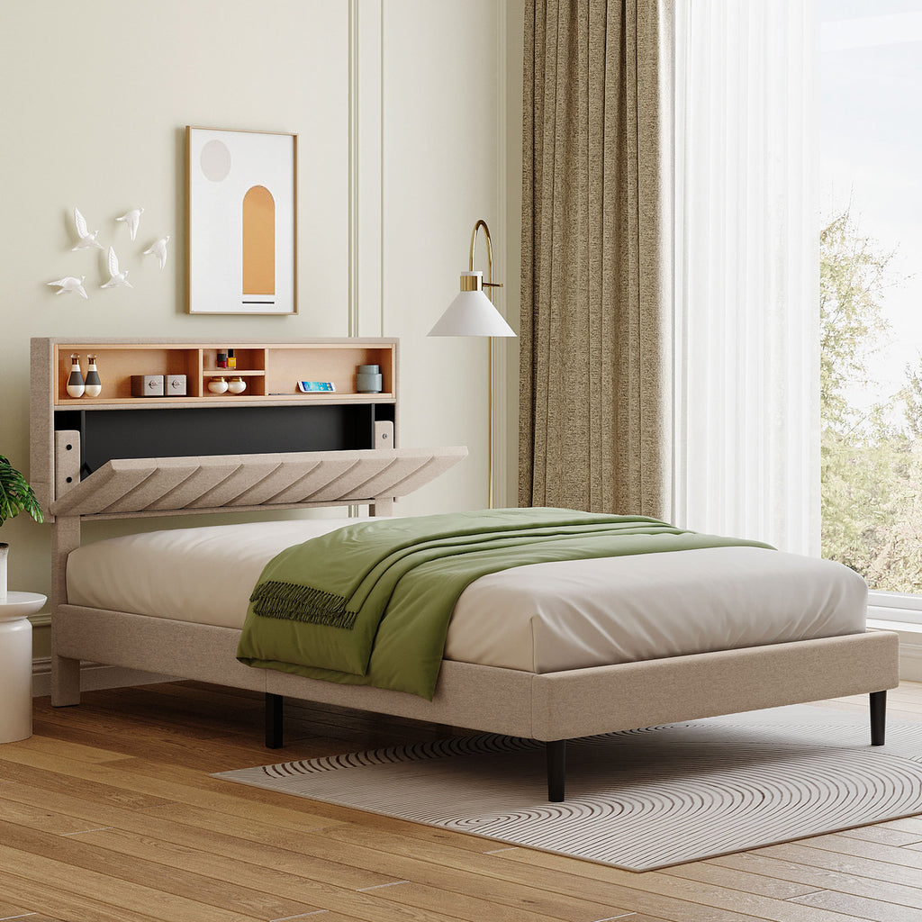 Leoglint Full size Upholstered Platform Bed with Storage Headboard and USB Port,  Linen Fabric Upholstered Bed (Beige)