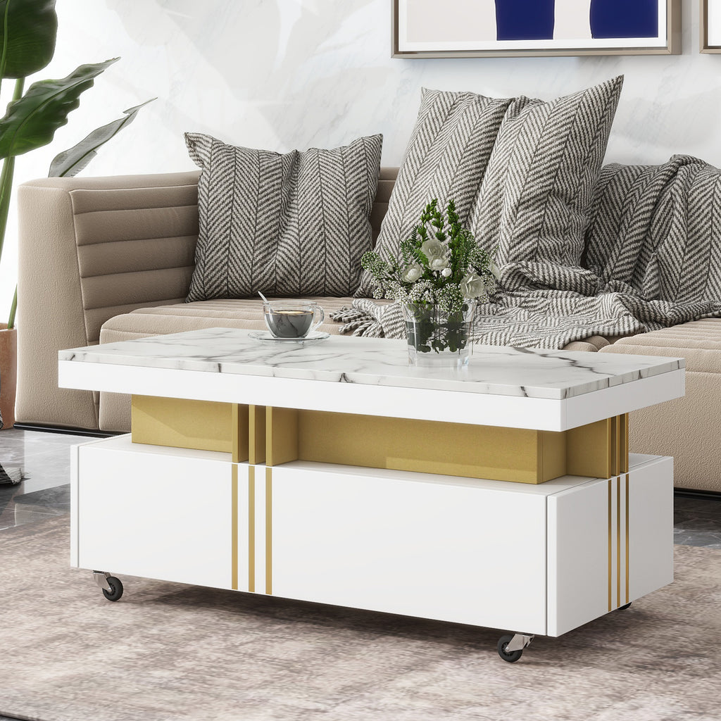 Leoglint [VIDEO provided] ON-TREND Contemporary Coffee Table with Faux Marble Top, Rectangle Cocktail Table with Caster Wheels, Moderate Luxury Center Table with Gold Metal Bars for Living Room, White