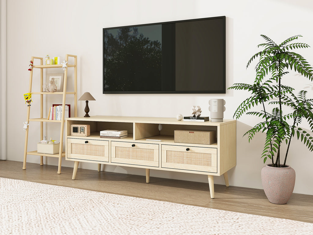 Leoglint Rattan TV Stand with Solid Wood Feet, TV Console Table for Living Room, Natural