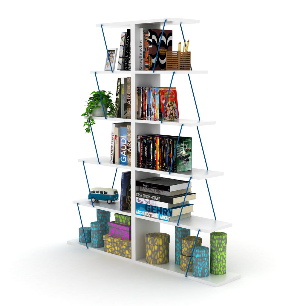 Leoglint Furnish Home Store Modern 5 Tier Ladder Bookshelf Organizers, Narrow Bookshelf for Small Spaces Office Furniture Bookcase ,White/Blue