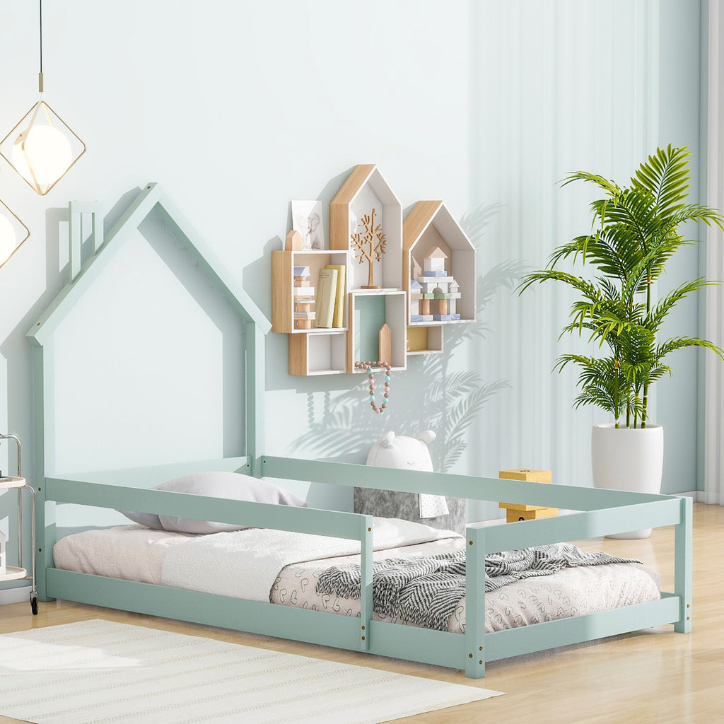 Leoglint Twin Size Wood bed frame with House-shaped Headboard Floor bed with Fences,Light Green