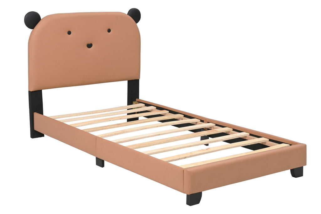 Leoglint Upholstered Twin Size Platform Bed for Kids, Wooden Bed Frame with Slatted Bed Base, No Box Spring Needed, Cute Bed Frame with Bear Design Headboard for Girls Boys Teens, Brown