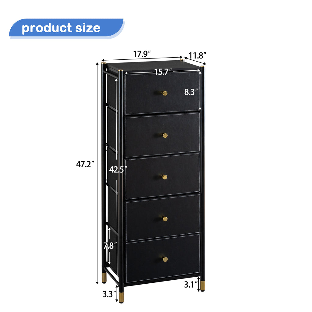 Leoglint Drawer Chest Drawer Dresser cabinet, Tall Dresser with 5 PU Leather Front Drawers, Storage Tower with Fabric Bins, Double Dresser, Chest of Drawers for Closet, Living Room, Hallway, Children's Room, color:Black