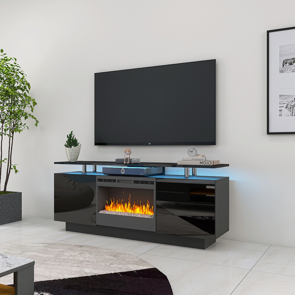 Leoglint Black 160CM large TV stand cabinet with fireplace can heating change color 9 models 8 levels have LED Light