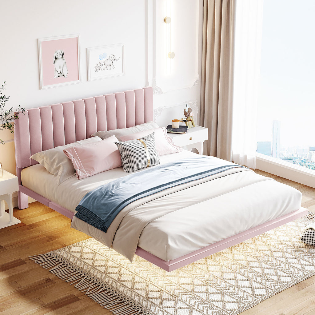 Queen Size Upholstered Bed Frame with Sensor Light and Headboard, Floating Velvet Platform Bed, Pink