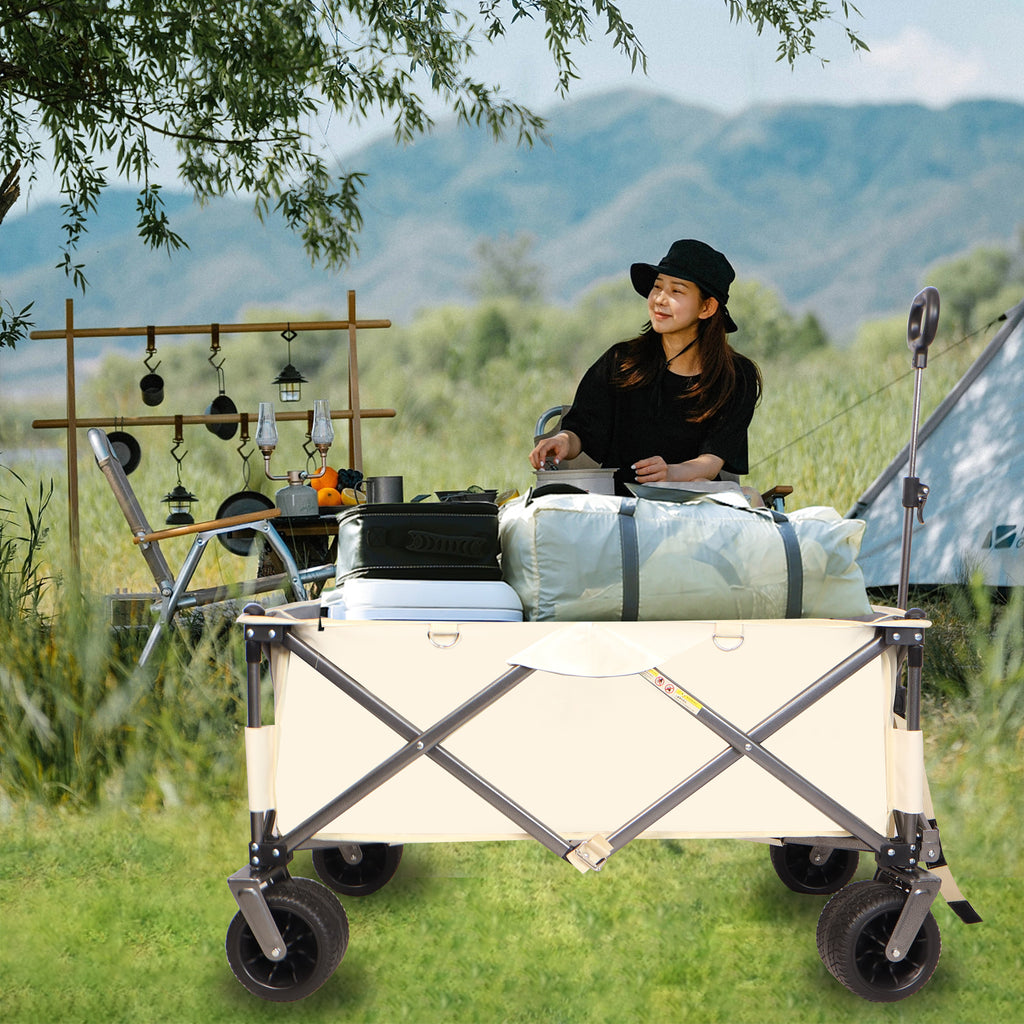 Leoglint Garden cart Folding Wagon, Heavy Duty Utility Beach Wagon Cart for Sand with Big Wheels, Adjustable Handle&Drink Holders for Shopping, Camping,Garden and Outdoor