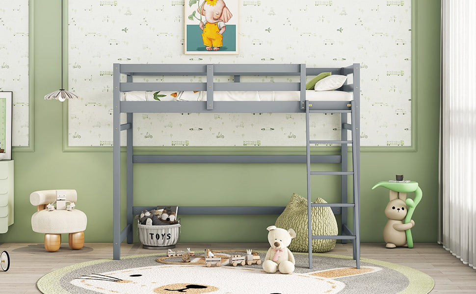 Leoglint Twin Size High Loft Bed Frame with inclined Ladder, Guardrails,Grey