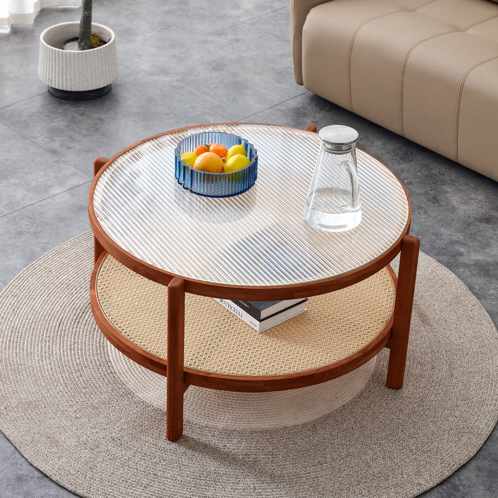 Leoglint Modern minimalist circular double-layer solid wood coffee table, craft glass tabletop, second layer material: PE rattan, solid wood frame. 34.6 '* 34.6' * 17.7''