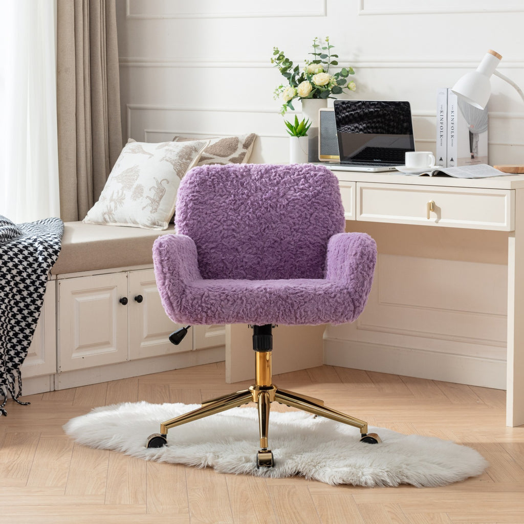 Leoglint A&A Furniture Office Chair,Artificial rabbit hair Home Office Chair with Golden Metal Base,Adjustable Desk Chair Swivel Office Chair,Vanity Chair(Violet)