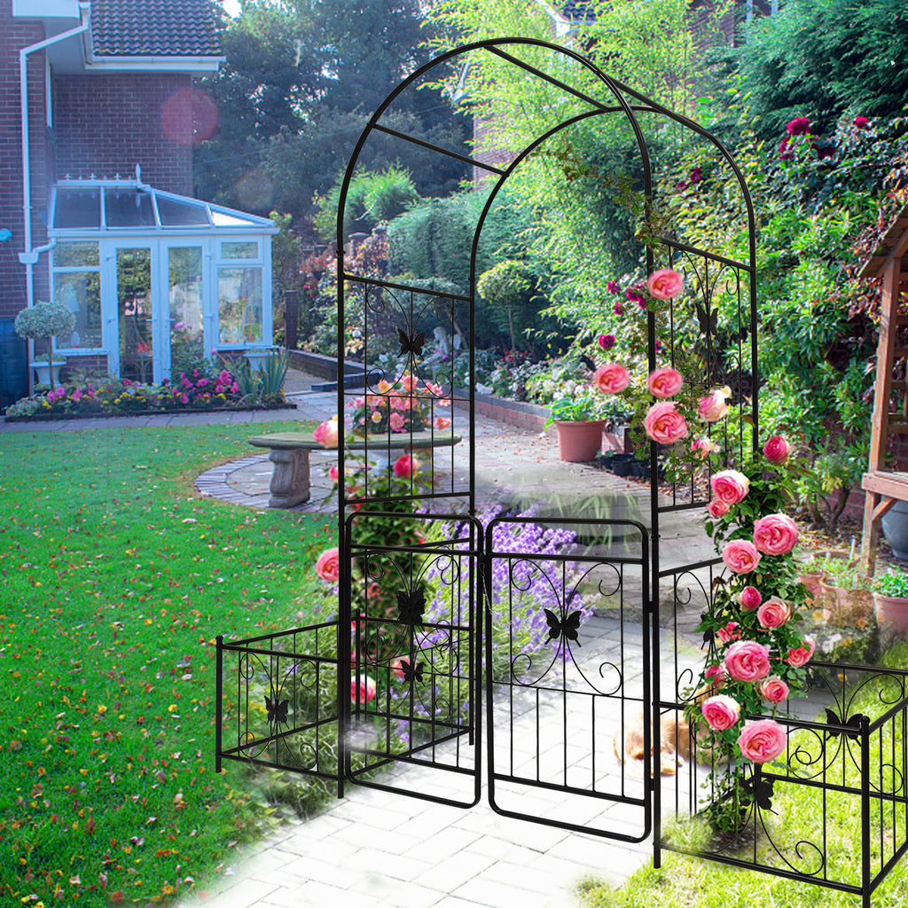 Leoglint Metal Garden Trellis with Gate 79.5'' Wide x 86.6'' High Climbing Plants Support Rose Arch Outdoor Black