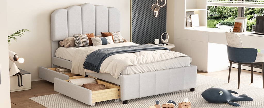 Leoglint Twin Size Upholstered Bed Frame with 2 Storage Drawers,Wood Slat Support, Beige