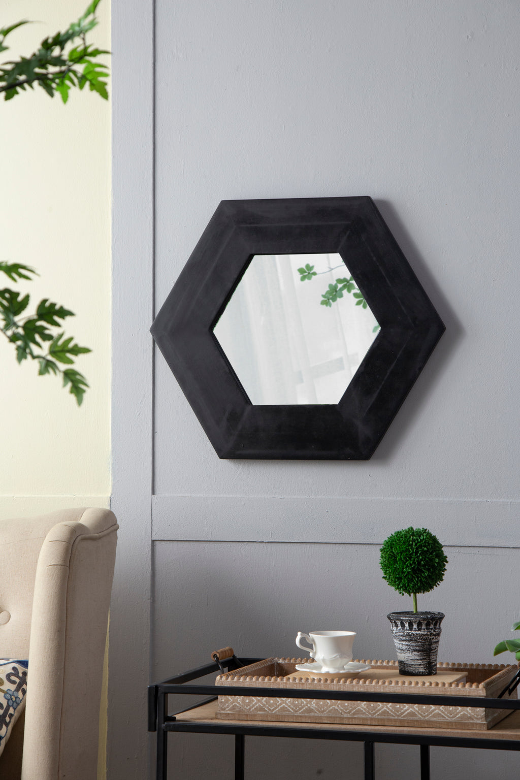 Leoglint 18.5" x 18.5" Hexagon Mirror with Solid Wood Frame, Wall Decor for Living Room Bathroom Hallway, Black