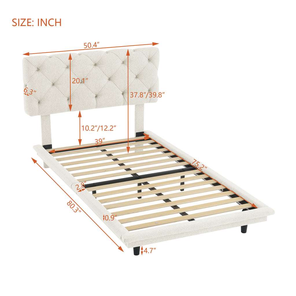 Leoglint Twin Size Upholstered Bed Frame with Light Stripe, Floating Platform Bed, Linen Fabric,Beige