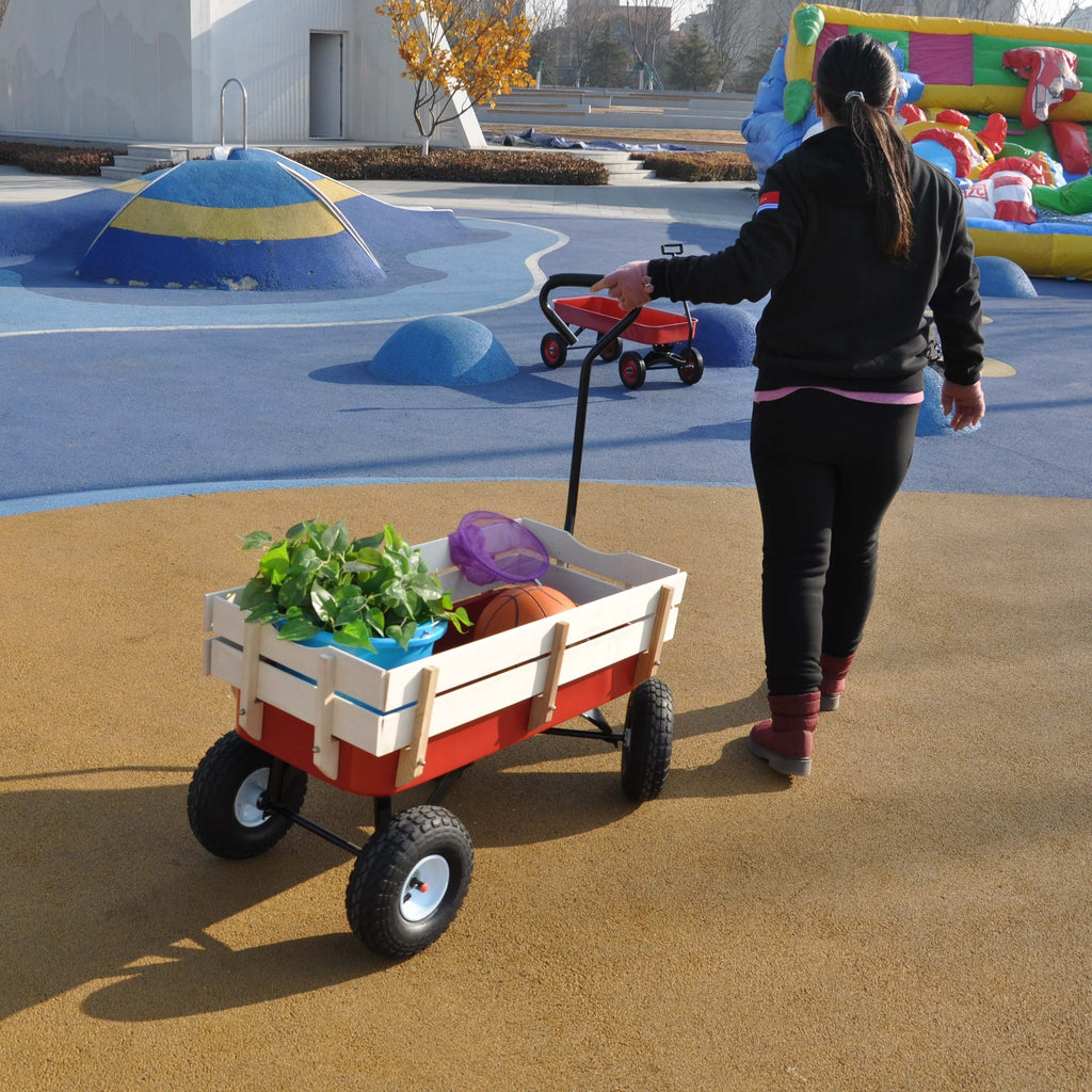 Leoglint Outdoor Wagon All Terrain Pulling Wood Railing Air Tires  Garden cart (Red+white)