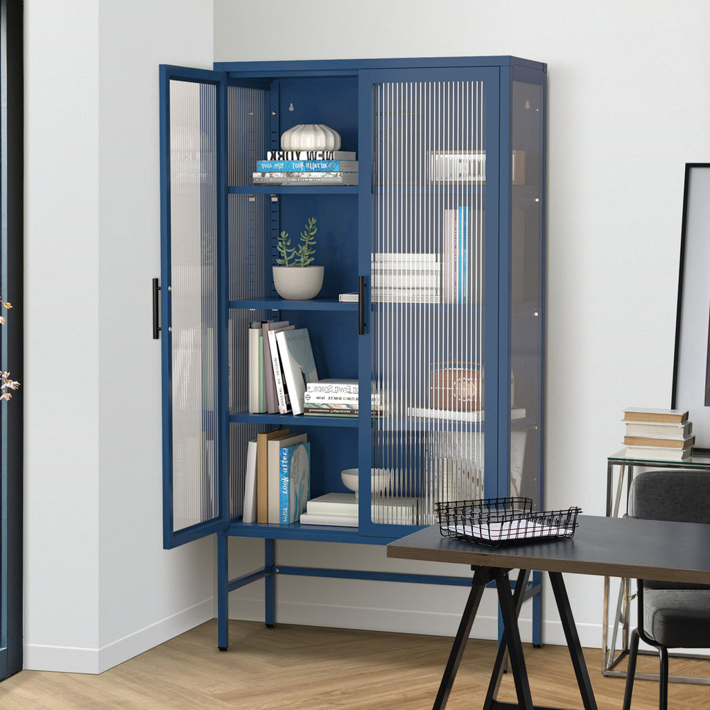 Leoglint Double Glass Door Storage Cabinet with Adjustable Shelves and Feet Cold-Rolled Steel Sideboard Furniture for Living Room Kitchen BLUE