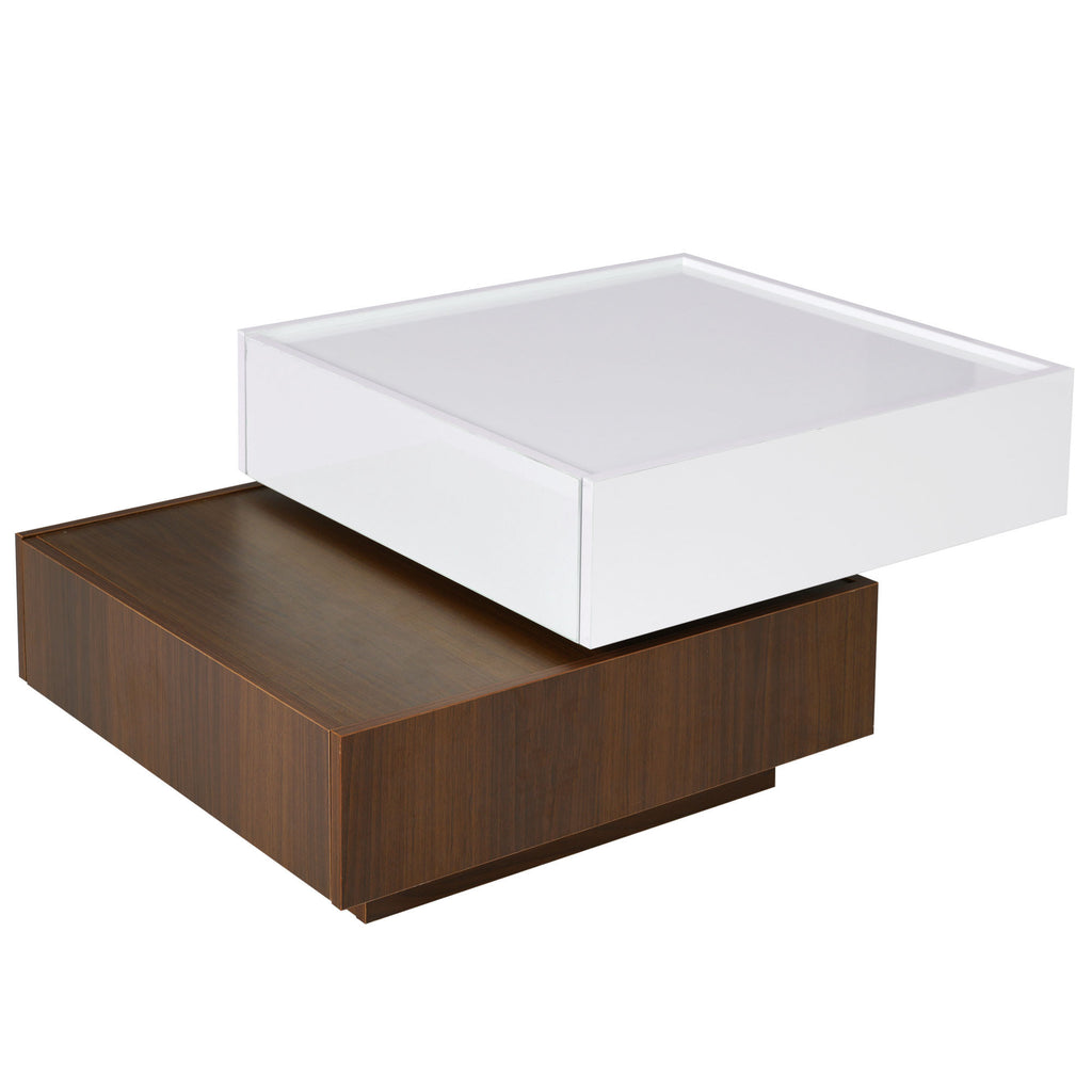 Leoglint [VIDEO provided] ON-TREND Square 360°Rotating Coffee Table with 2 Drawers, High Gloss 2-Tier Center Table with Swivel Tabletop and Storage, Walnut Table Frame Side Table for Living Room, White