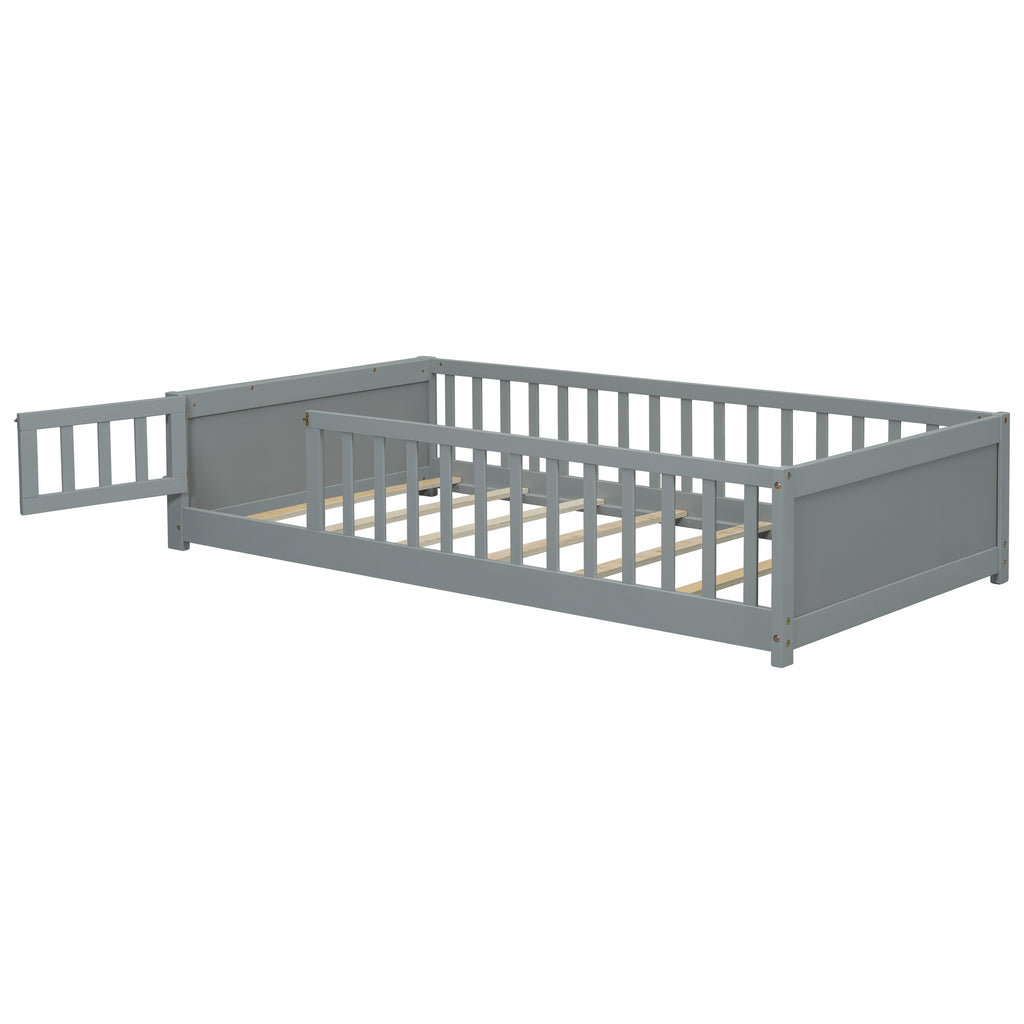 Leoglint Twin size Floor Platform Bed Frame with Built-in Book Storage Rack, Door,Grey