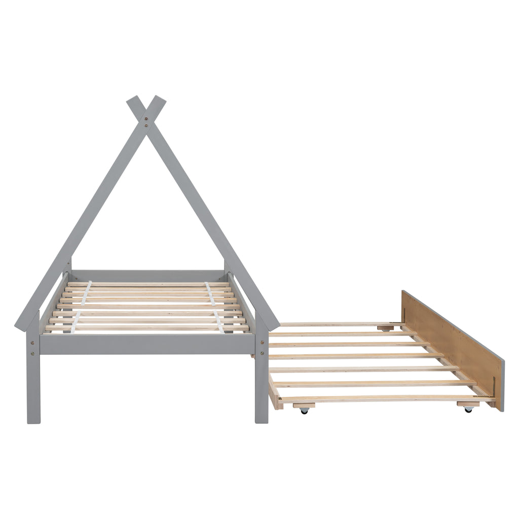 Leoglint Twin size Tent Floor Bed Frame, Teepee Bed, with Trundle,Grey