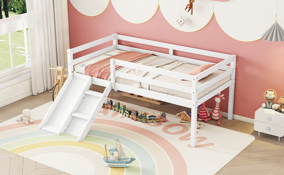 Twin Low Loft Bed Frame with Slide,  Ladder, Safety Guardrails, No Box Spring Needed,White