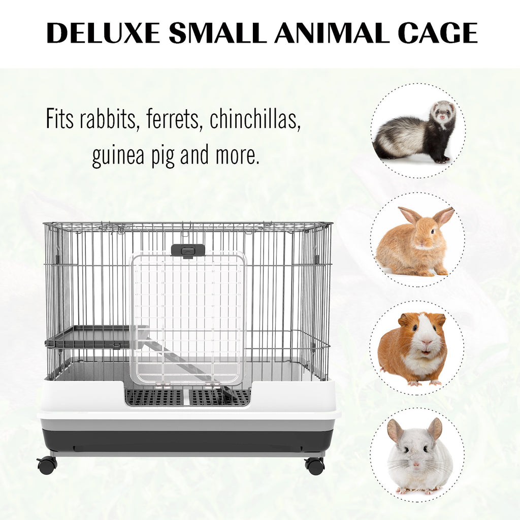 Leoglint 2-Level Small Animal Cage Rabbit Hutch with Wheels, Removable Tray, Platform and Ramp for Bunny, Chinchillas, Ferret, Black