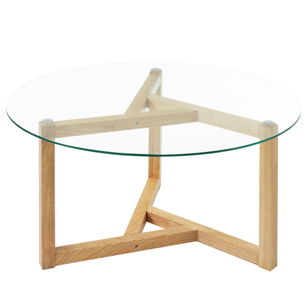 Leoglint [New Picture] ON-TREND Round Glass Coffee Table Modern Cocktail Table Easy Assembly with Tempered Glass Top & Sturdy Wood Base, Natural (OLD SKU: WF190112AAL)