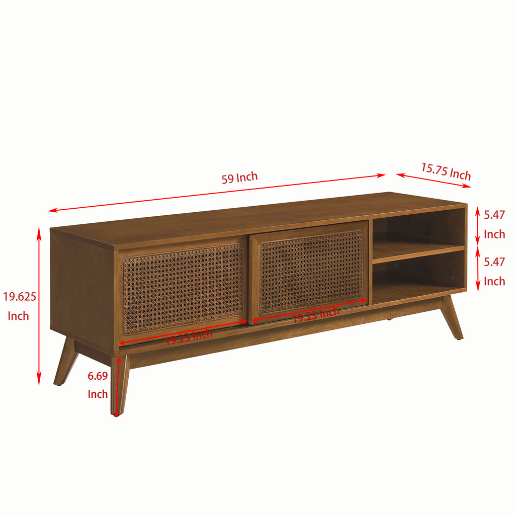 Leoglint 59 Inch Mid Century Modern Rattan TV Stand for 65 Inch TV, Entertainment Cabinet, Media Console for Living Room Bedroom Media Room, Solid Wood Feet & Rattan Cabinet Doors - Light Wood