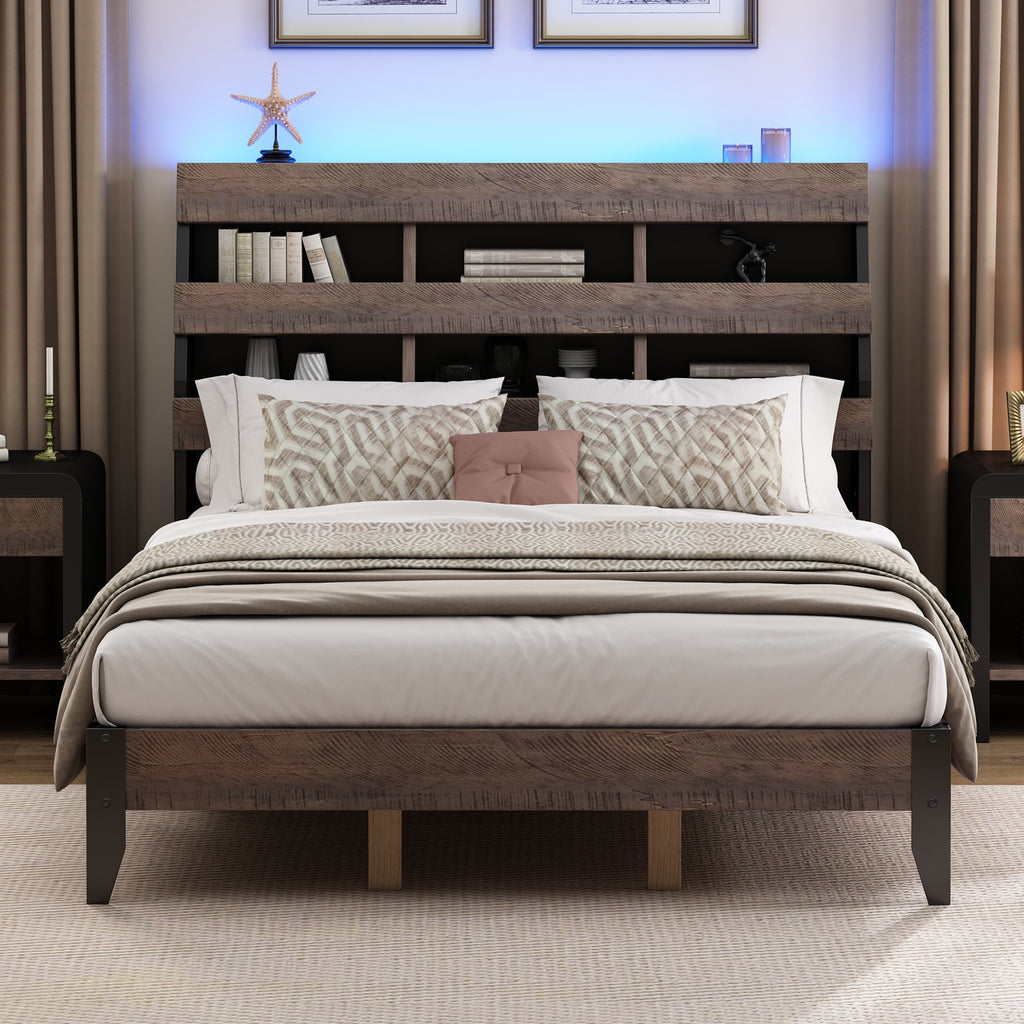 Mid Century Modern Style Queen Bed Frame with Bookshelf and LED Lights and USB Port, Walnut and Black