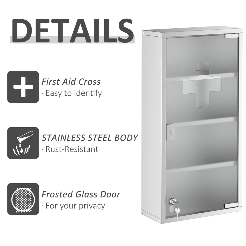 Leoglint kleankin Wall Mounted Medicine Cabinet, Locking Wall Cabinet with 4 Tier Shelves, Stainless Steel Frame and Glass Door, Lockable with 2 Keys, Silver, 12" x 24"