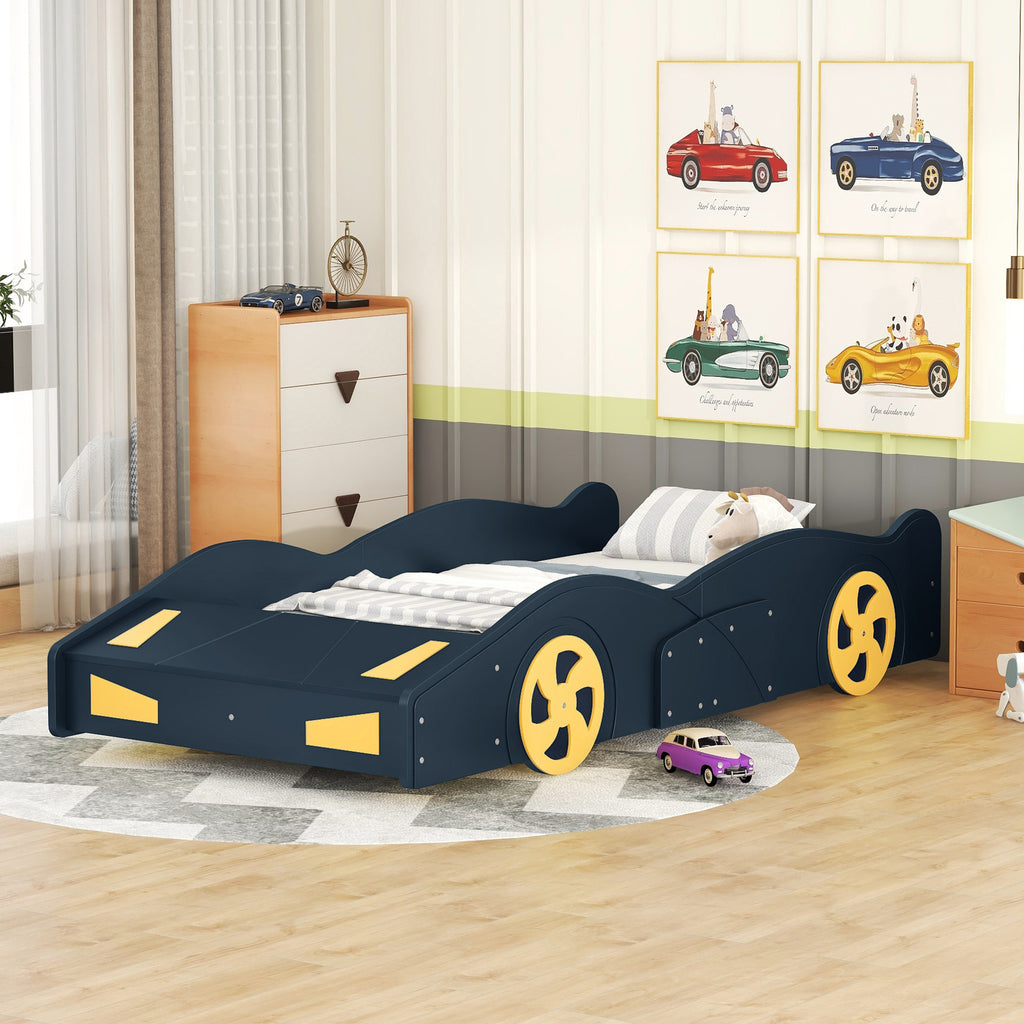 Leoglint Twin Size Race Car-Shaped Platform Bed Frame with Wheels and Storage, Dark Blue+Yellow