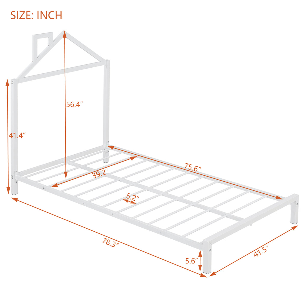 Leoglint Twin Size Metal Platform Bed Frame with House-Shaped Headboard Design, White