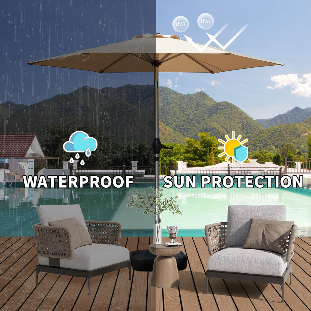 Leoglint 7.5FT Patio Umbrella, Outdoor Umbrella with Push Button Tilt and Crank, UV Protection Waterproof Market Sun Umbrella with 8 Sturdy Ribs for Garden, Deck, Backyard, Pool (Beige)