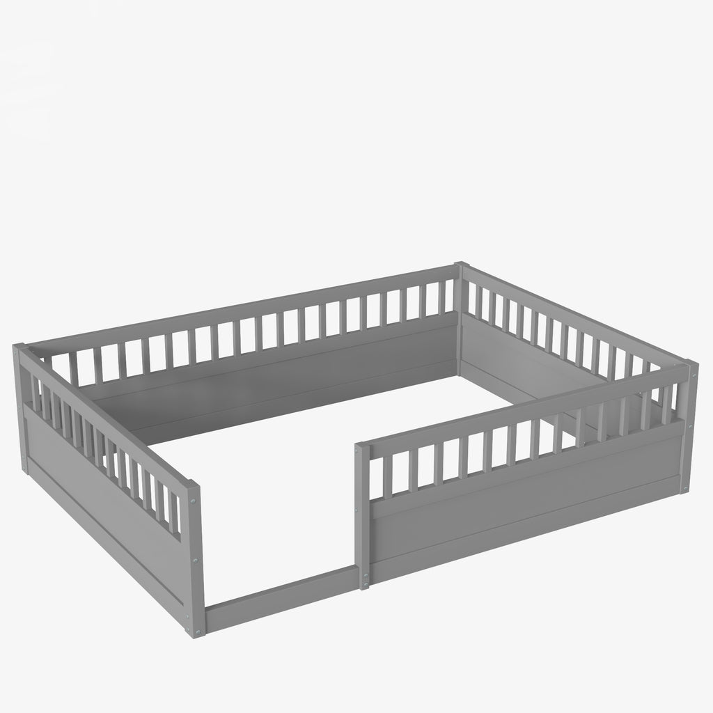 Leoglint Full Floor Bed Frame with Fence, Wood Kids Floor Beds Frame for Bedroom Playroom,Gray(Expect arrive date Jul. 10th)