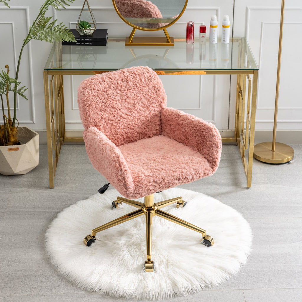 Leoglint A&A Furniture Office Chair,Artificial rabbit hair Home Office Chair with Golden Metal Base,Adjustable Desk Chair Swivel Office Chair,Vanity Chair(Pink)