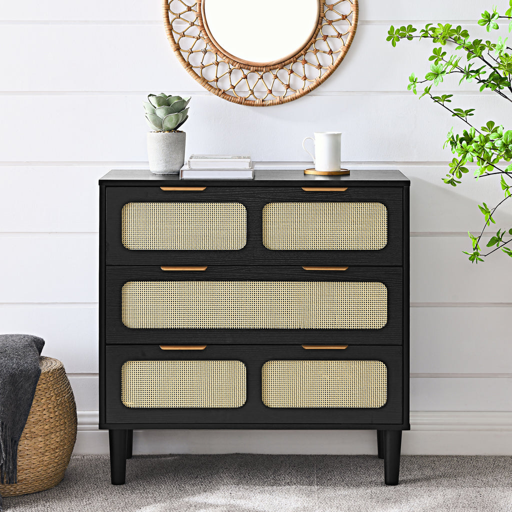 Leoglint 3 drawer dresser,Drawer Chest, modern rattan dresser cabinet with wide drawers and metal handles, farmhouse wooden storage chest of drawers for room, living room, hallway, entrance, office