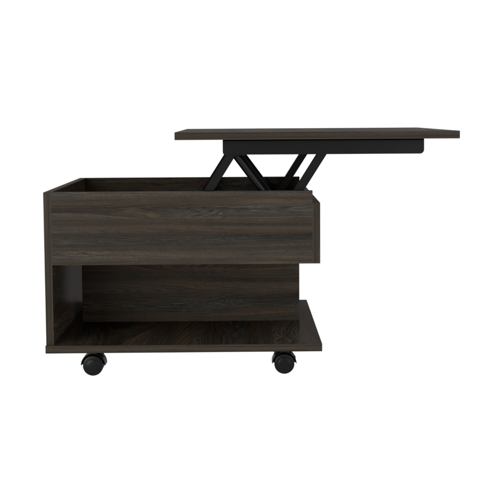 Leoglint 15" H carbon espresso coffee table, 4 brake wheels, lifting top that allows storage inside the table, 1 lower shelf and 1 vertical division that allows you to decorate with photos, and design books.