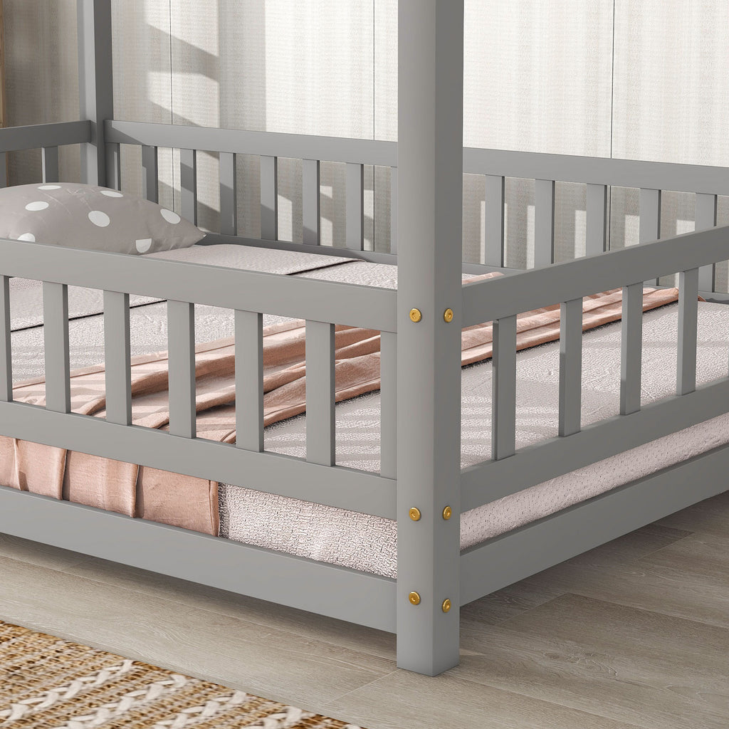 Leoglint Bed Frame Full Size Floor Wooden Bed with House Roof Frame, Fence Guardrails ,Grey