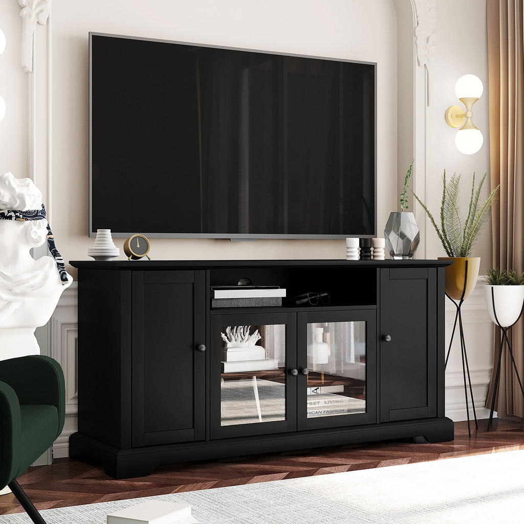 Leoglint U-Can TV Stand for TV up to 65in with 2 Tempered Glass Doors Adjustable Panels Open Style Cabinet, Sideboard for Living room, Black