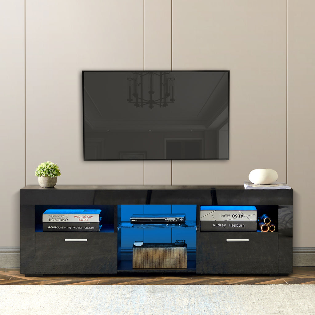 Leoglint Black morden TV Stand with LED Lights,high glossy front TV Cabinet,can be assembled in Lounge Room, Living Room or Bedroom,color:Black