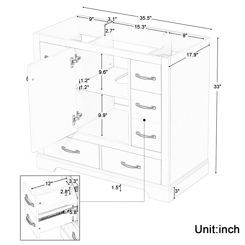 Leoglint 36" Bathroom Vanity without Sink, Cabinet Base Only, Six Drawers, Multi-Functional Drawer Divider, Adjustable Shelf, Green