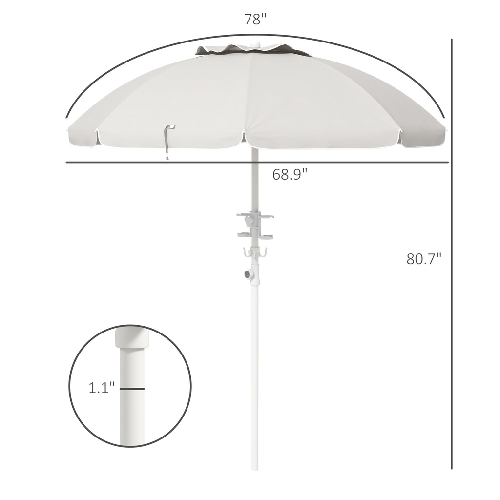 Leoglint 5.7' Portable Beach Umbrella with Tilt, Adjustable Height, 2 Cup Holders & Hooks, UV 40+ Ruffled Outdoor Umbrella with Vented Canopy, Cream White