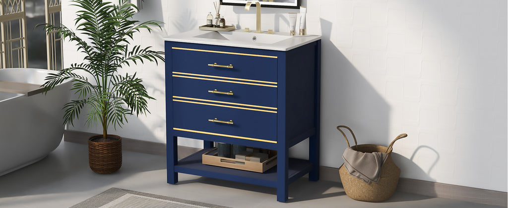 Leoglint [Viedo]Modern 30inch Navy Blue/White Bathroom Vanity Cabinet Combo with OpenStorge, Two Drawers