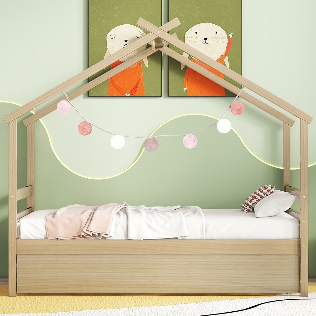 Leoglint Twin Size  House-shaped Bed Frame with Trundle,Natural