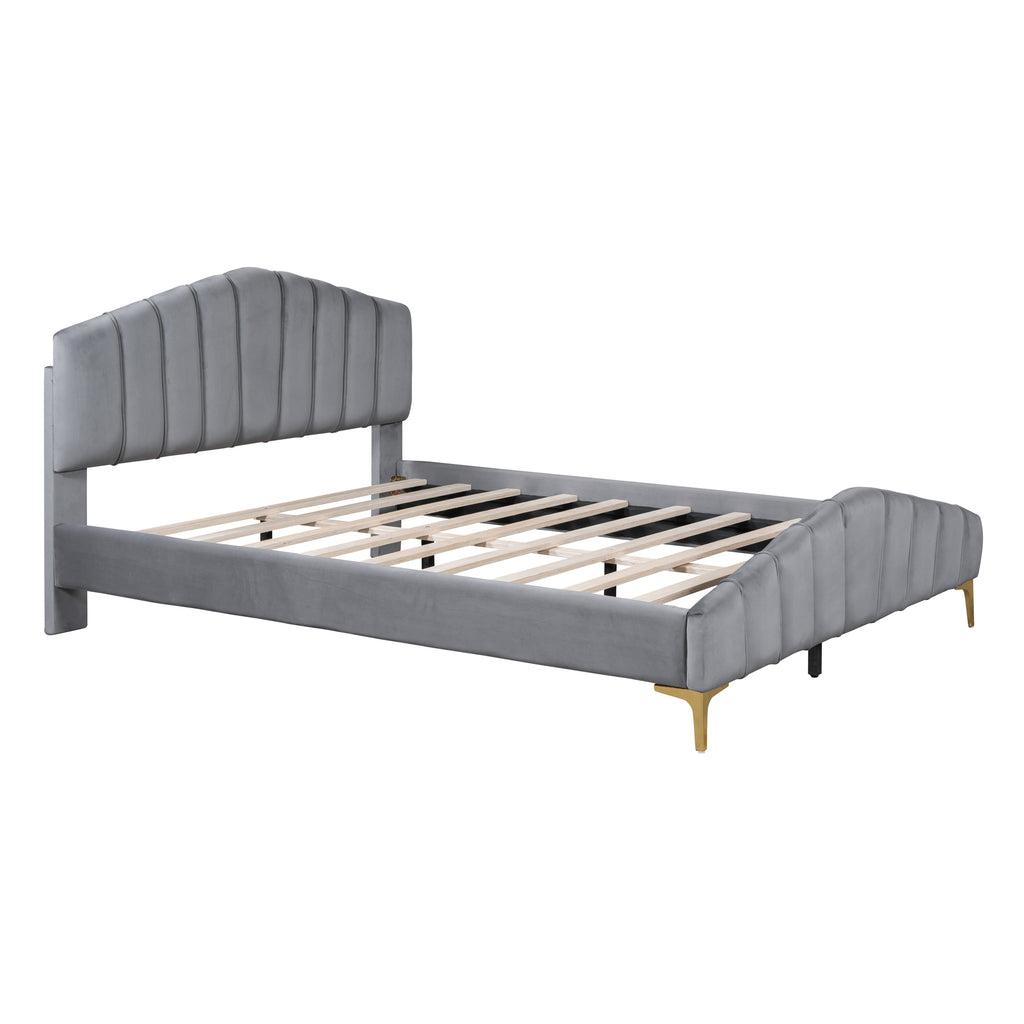 Queen Size Velvet Platform Bed Frame with Thick Fabric, Stylish Stripe Decorated Bedboard and Elegant Metal Bed Leg, Gray