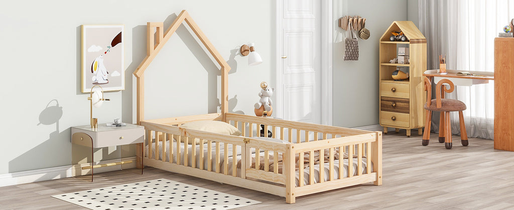 Twin House-Shaped Headboard Floor Bed Frame with Fence,Natural