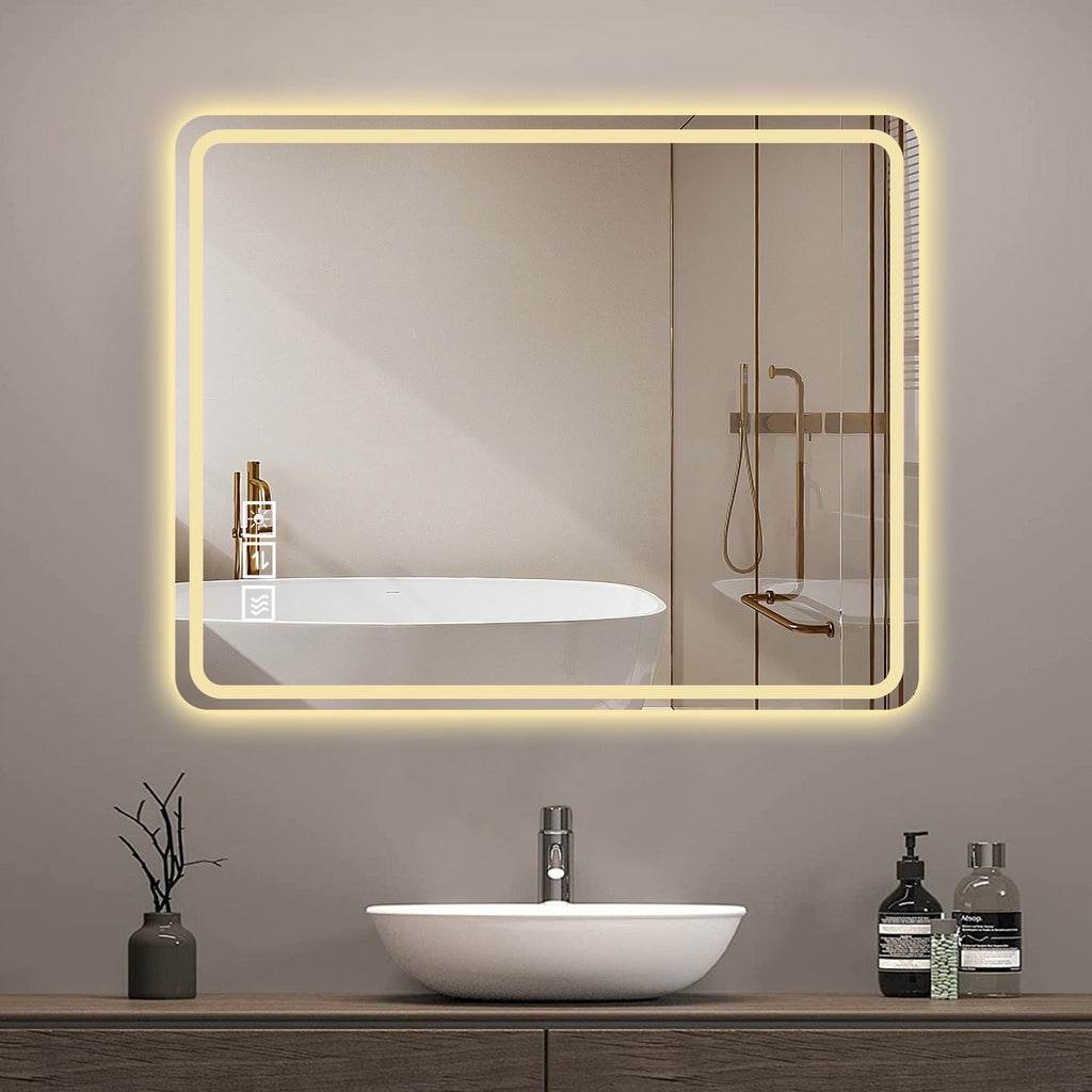 Leoglint 40x32 Inch LED Bathroom Mirror Vanity Mirrors with Front Lights Wall Mounted Anti-Fog Frameless Make Up Mirror with Light 5 mm Copper-Free Silver Mirror Horizontal or Vertical