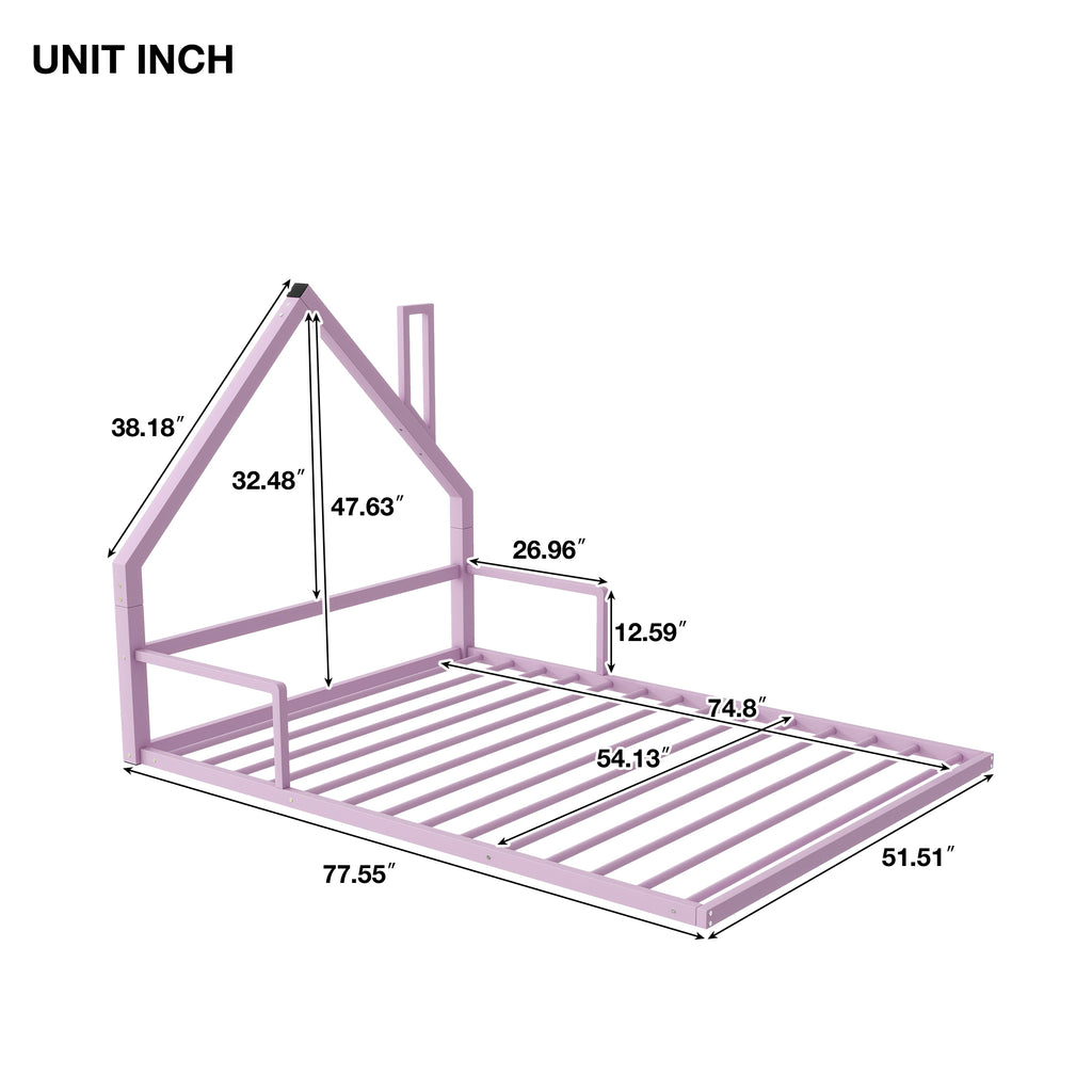 Leoglint Full Size Metal Floor Bed with House-shaped Headboard, White