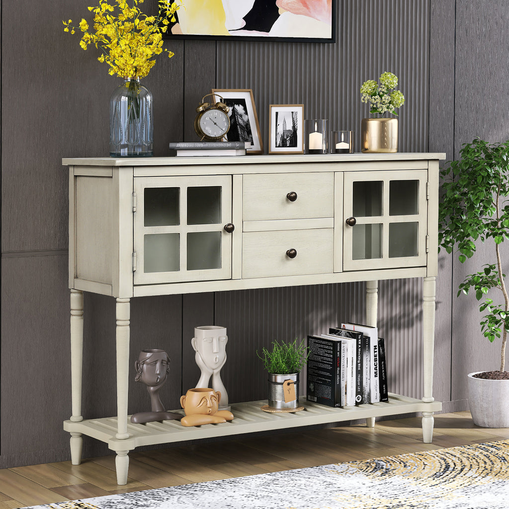 Leoglint TREXM Sideboard Console Table with Bottom Shelf, Farmhouse Wood/Glass Buffet Storage Cabinet Living Room (Antique Grey)